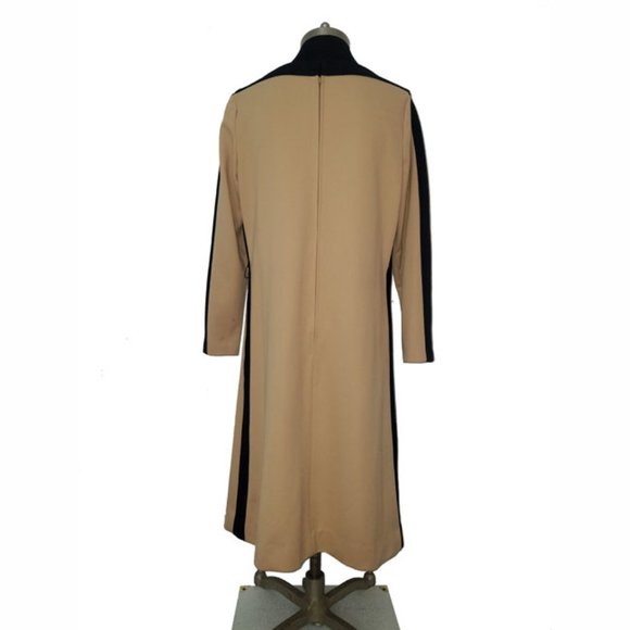 Vtg 70s Tan Black Trim Shift Dress M - Picture 6 of 7